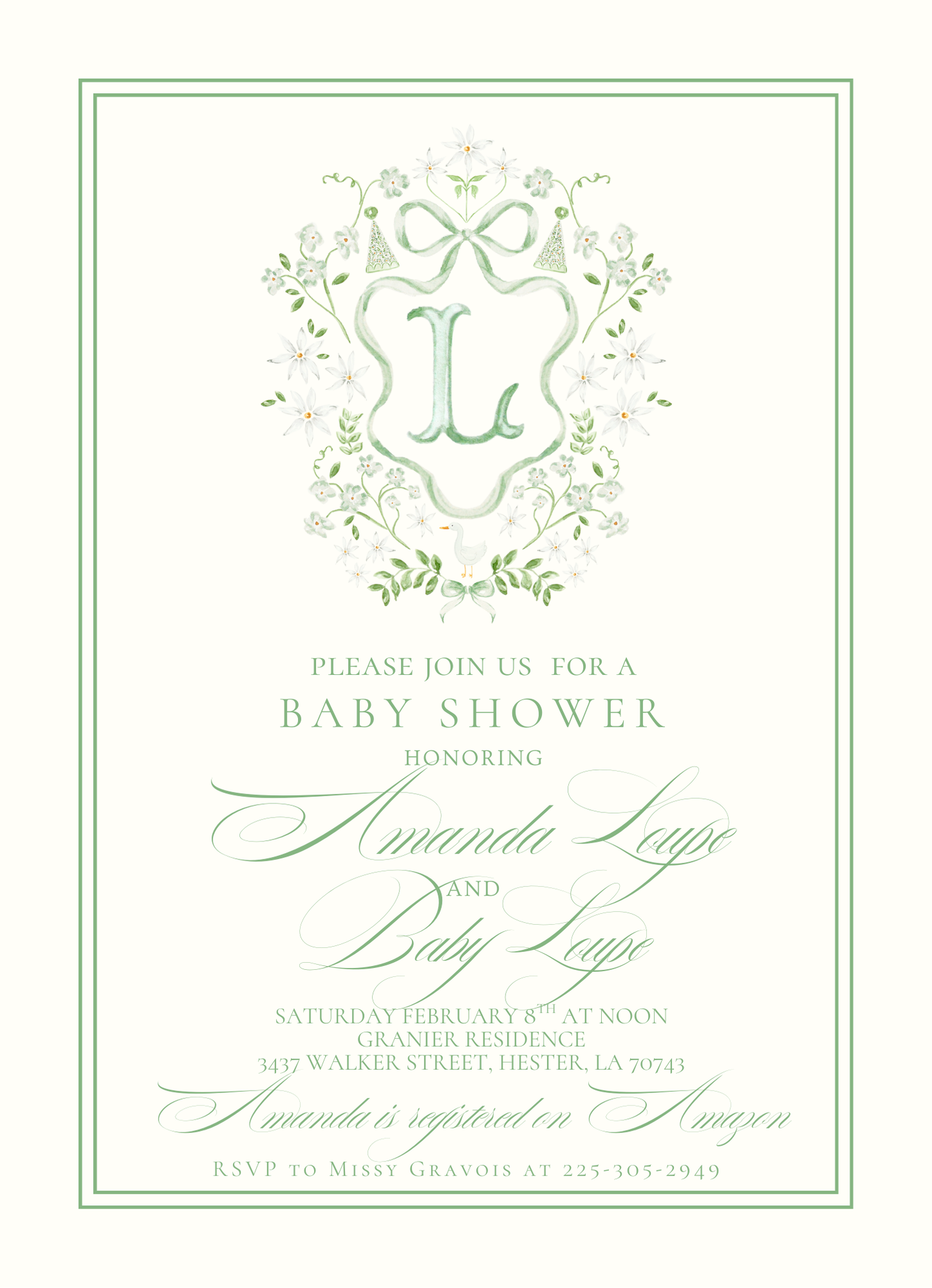 Green Shower Invitation w/Crest
