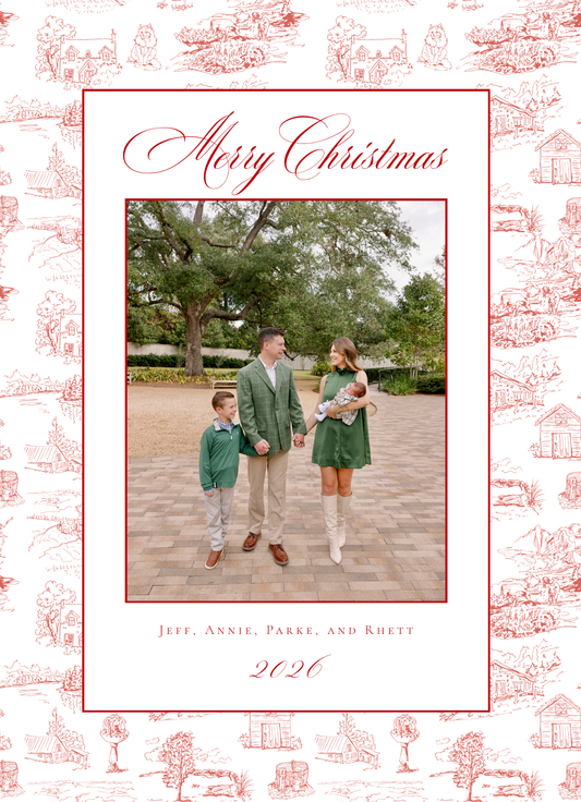 Red Toile Christmas Photo Card | Classic Family Holiday Card