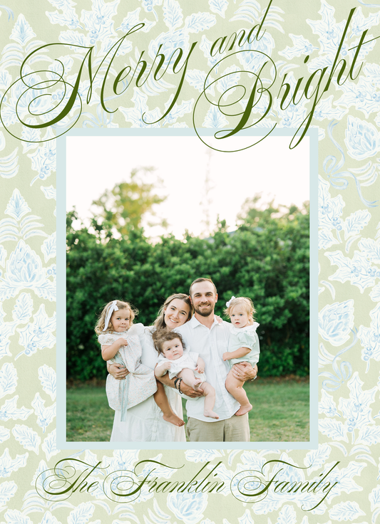 Merry and Bright Green & Blue Botanical Christmas Photo Card