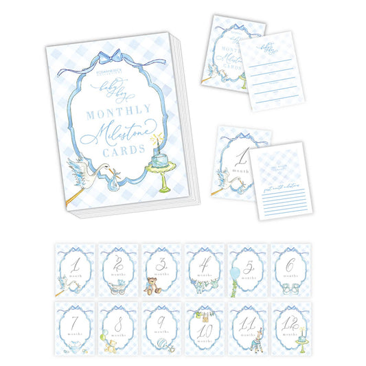 Watercolor Baby Boy Blue Gingham Milestone Cards