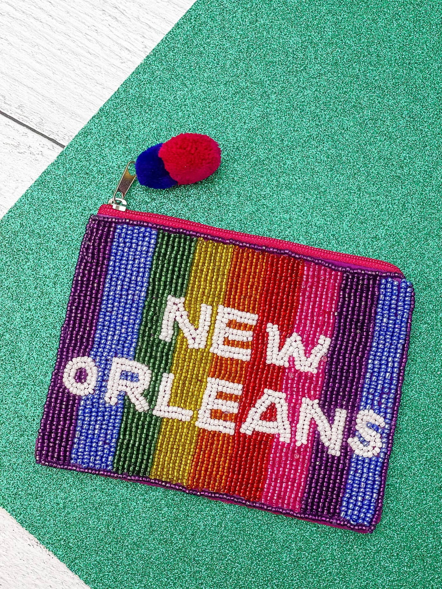 'New Orleans' Striped Beaded Zip Pouch