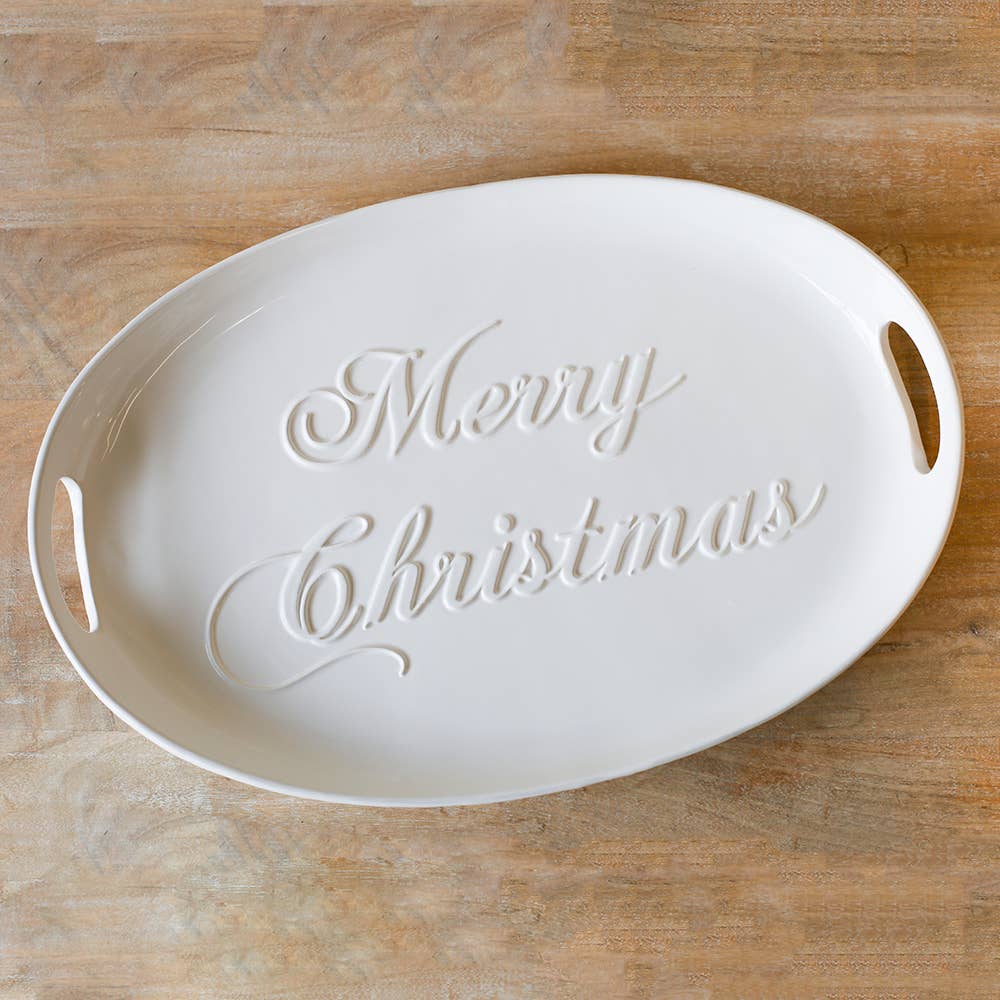 White Merry Christmas Embossed Platter